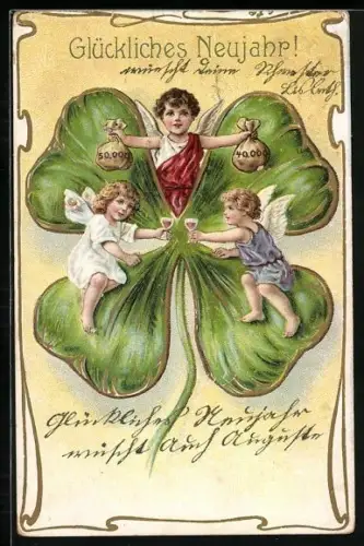 Künstler-AK Fee und Neujahrsengel auf Kleeblatt, Glückliches Neujahr