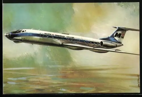 Künstler-AK Flugzeug Tupoljev TU 134 der Malév-Airline