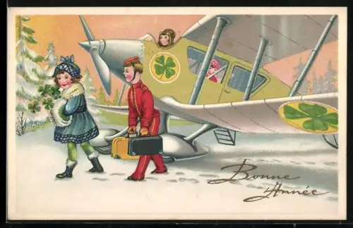 Künstler-AK Kleine Dame mit Kofferträger vorm Flugzeug