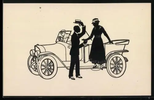 Künstler-AK Dame wird aus einem Auto geholfen