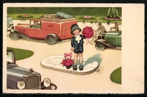 Künstler-AK Knabe auf einer Kreuzung inmitten von Autos