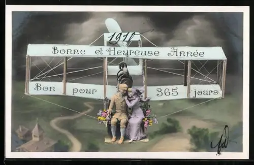 AK Bonne et Heureuse Année, Bon pour 365 jours, Figuren auf Flugzeug