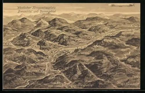 AK Zeppelin mit seinem westlichen Kriegsschauplatz über Breuschtal und Donongebiet