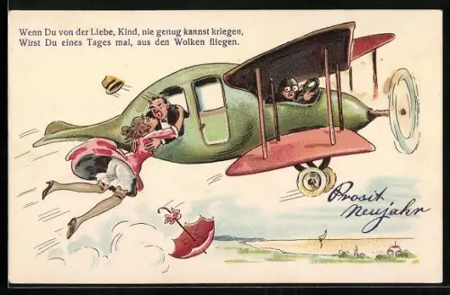 AK Frau hält sich an Mann im Flugzeug fest