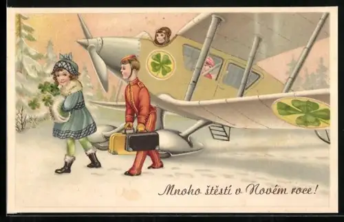 Künstler-AK Kleine Dame mit Kofferträger vorm Flugzeug