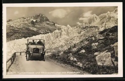 AK Furkastrasse und Rhonegletscher mit Post-Auto der Marke Saurer