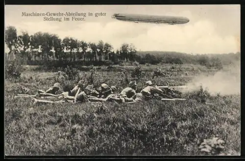 AK Zeppelin über Maschinen-Gewehr-Abteilung in guter Stellung im Feuer