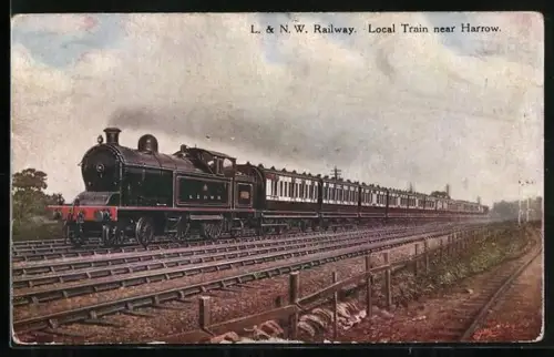 Künstler-AK englische Eisenbahn der Gesellschaft L. & N.W.Railway, Local Train near Harrow