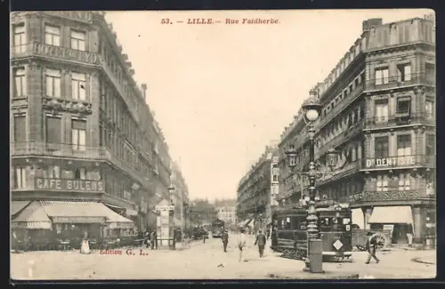 AK Lille, Rue Faidherbe, Strassenpartie mit Strassenbahn