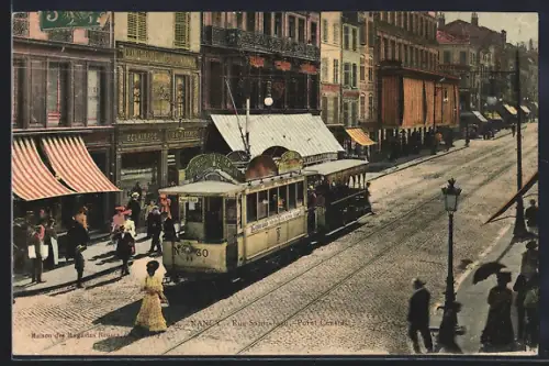 AK Nancy, Rue Saint-Jean - Point Central, Strassenbahn und Blick auf Geschäfte