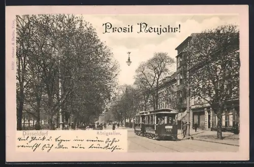 AK Düsseldorf, Königsallee mit Strassenbahn, Neujahrsgruss