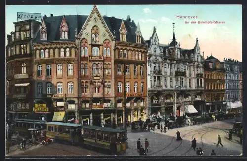 AK Hannover, Bahnhofs-Strasse mit Geschäften und Strassenbahn