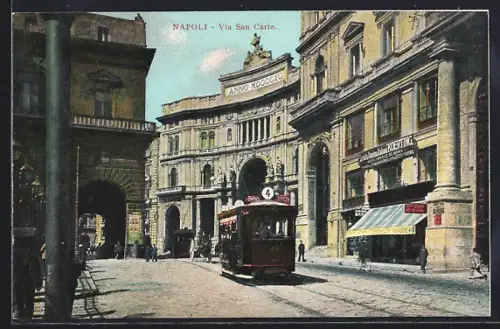 AK Napoli, Via San Carlo, Strassenbahn der Linie 4