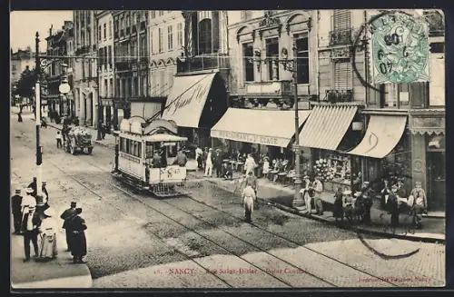 AK Nancy, Rue St-Dizier, Point Central, Restaurant, Strassenbahn
