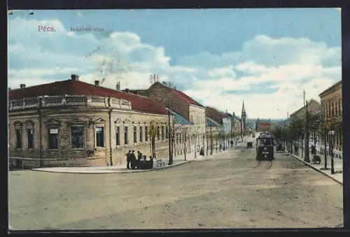 AK Pécs, Indóház utca, Strassenbahn