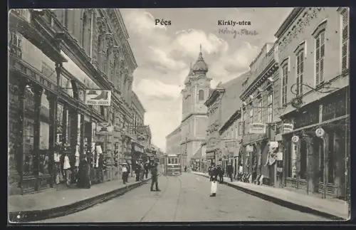 AK Pécs, Király-utca, Strassenbahn