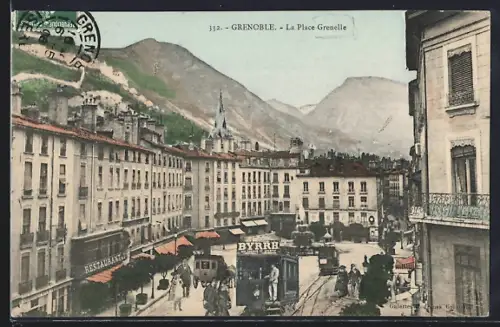 AK Grenoble, La Place Grenelle, Strassenbahn
