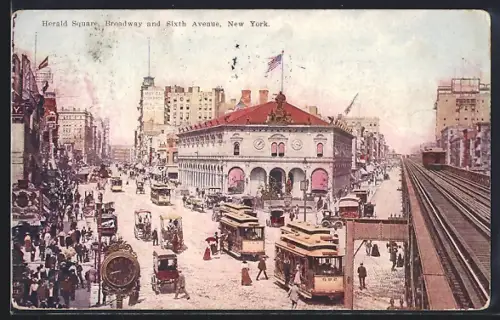 AK New York City, N. Y., Herald Square, Broadway and Sixth Avenue, Strassenbahn