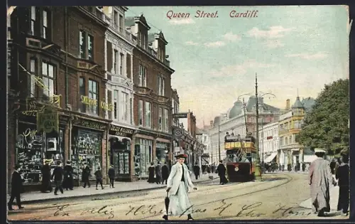 AK Cardiff, Queen Street, Strassenbahn