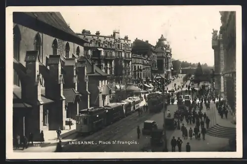AK Lausanne, Place St. Francois, Strassenbahn