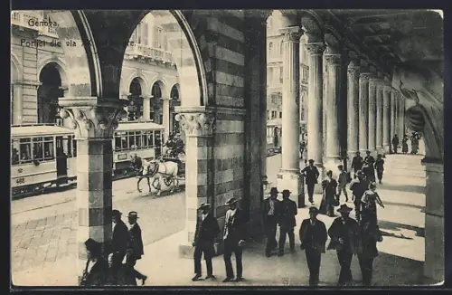 AK Genova, Portici die via XX Settembre, Strassenbahn
