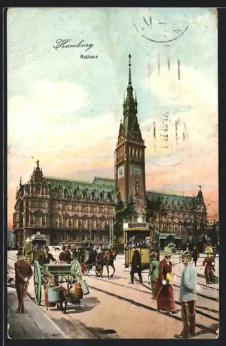 AK Hamburg, Rathaus mit Strassenbahn