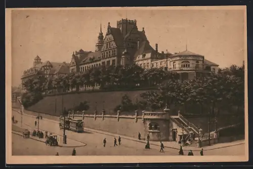 AK Hamburg, Blick auf die Navigationsschule, Strassenbahn