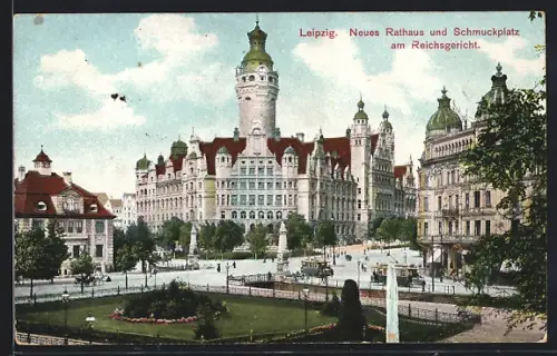 AK Leipzig, Neues Rathaus, Strassenbahn