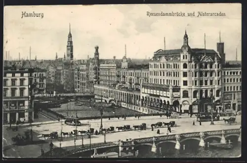 AK Hamburg, Strassenbahnen auf der Reesendammbrücke