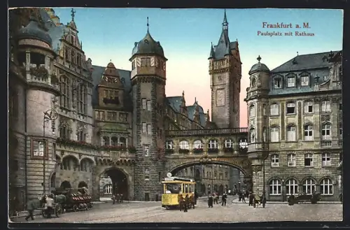 AK Alt-Frankfurt, Paulsplatz mit Rathaus und Strassenbahn