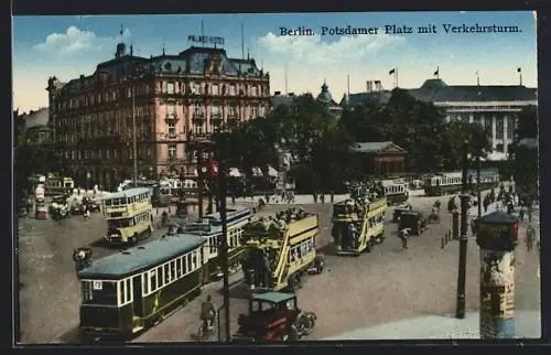 AK Berlin, Potsdamer Platz mit Verkehrsturm, Strassenbahn