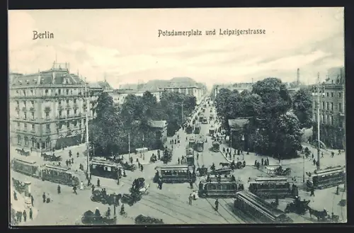 AK Berlin, Potsdamerplatz und Leipzigerstrasse, Strassenbahn