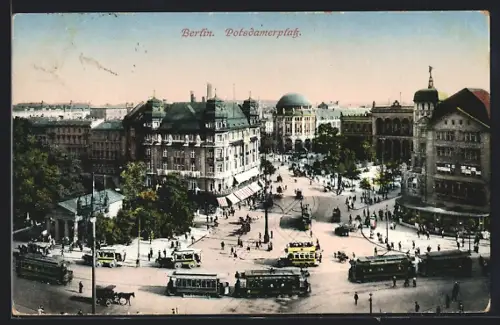 AK Berlin-Tiergarten, Blick auf den Potsdamerplatz mit Strassenbahnen
