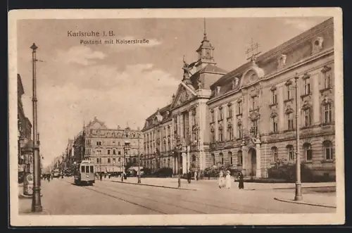 AK Karlsruhe i. B., Postamt mit Kaiserstrasse, Strassenbahn