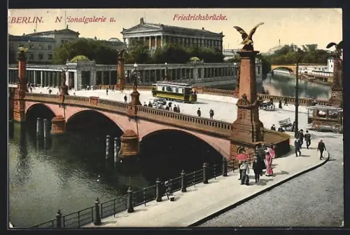 AK Berlin, Nationalgalerie u. Friedrichsbrücke, Strassenbahn