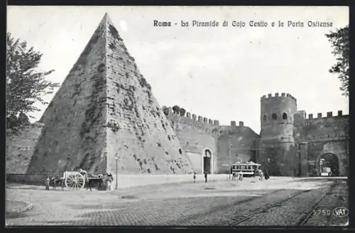 AK Roma, La Piramide di Cajo Cestio e la Porta Ostiense, Strassenbahn