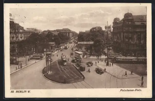 AK Berlin, Stadtleben am Potsdamer-Platz, Strassenbahn