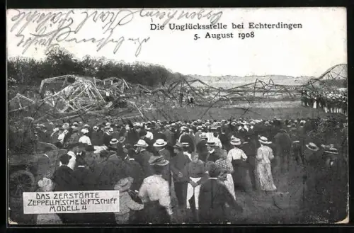 AK Echterdingen, Die Unglücksstelle 1908, Das zerstörte Zeppelin`sche Luftschiff Modell 4