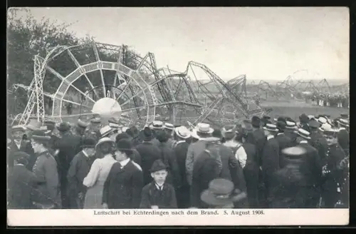 AK Echterdingen, Zeppelin nach dem Brand im August 1908