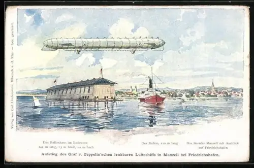 AK Friedrichshafen, Zeppelin über dem Ballonhaus im Bodensee