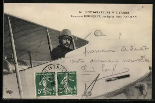 AK Flugzeug Biplan Henri Farman, Lieutenant Bousquet