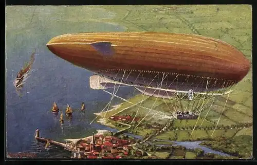 Künstler-AK Deutscher Zeppelin von Major Gross über einem See