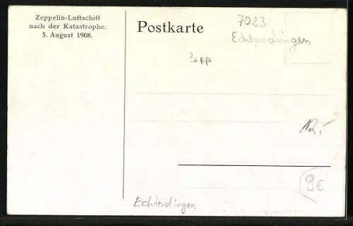 AK Echterdingen, Zeppelin-Luftschiff nach der Katastrophe 1908