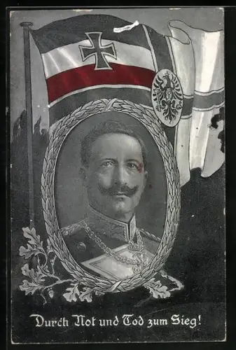 AK Kaiser Wilhelm II. im Porträt mit Eichenlaub, Reichskriegsfahne