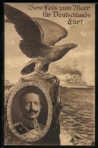 AK Portrait von Freiherr von Bissingen mit Falken auf dem Felsen, Kriegsschiff