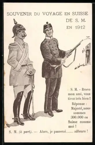 AK Kaiser Wilhelm II. schaut einem schweizer Soldaten beim Schiessen zu