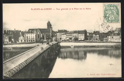 AK St-Jean-de-Losne, Vue générale et le Pont sur la Saône
