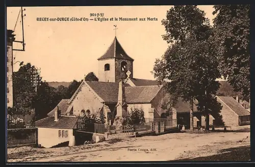 AK Recey-sur-Ource. L`Eglise et le Monument aux Morts, Kirche und Kriegsdenkmal