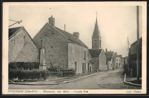 AK Pothières, Monument aux Morts, Grand Rue