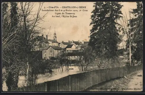 AK Chatillon-s-Seine, Inondations 1910, Ligne du Tramway, Au fond, l`Eglise St-Jean